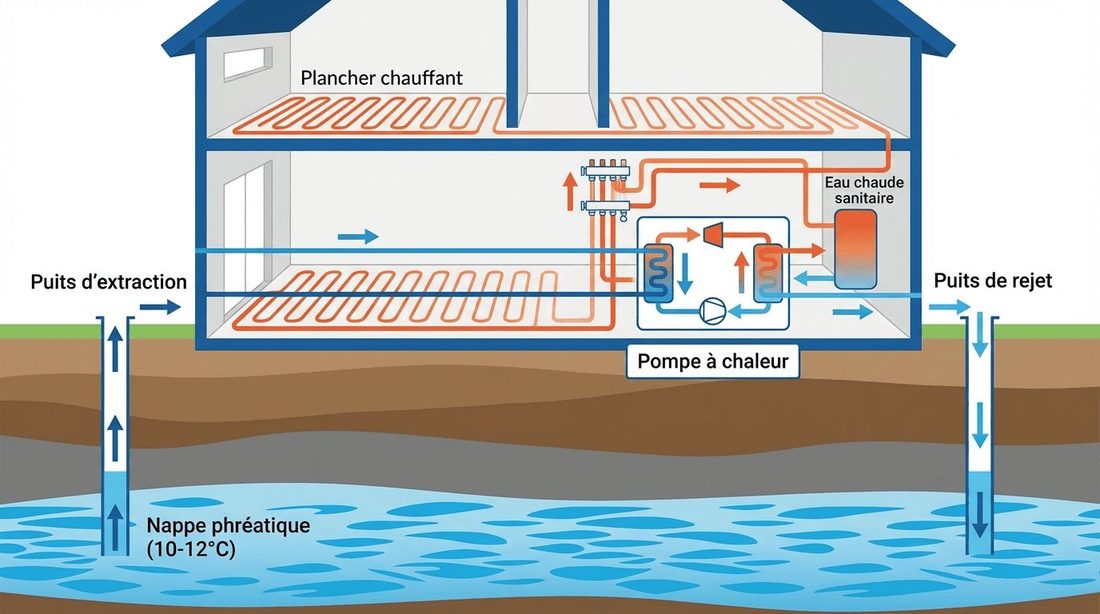 Schéma d'un captage sur nappe phréatique : puits d'extraction et puits de rejet reliés à la pompe à chaleur