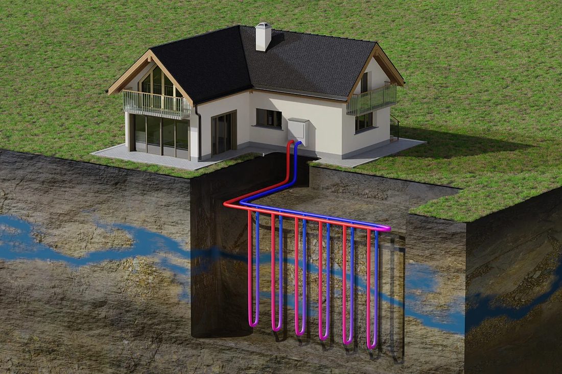 Schéma d'un captage géothermique vertical : sondes forées en profondeur sous la maison